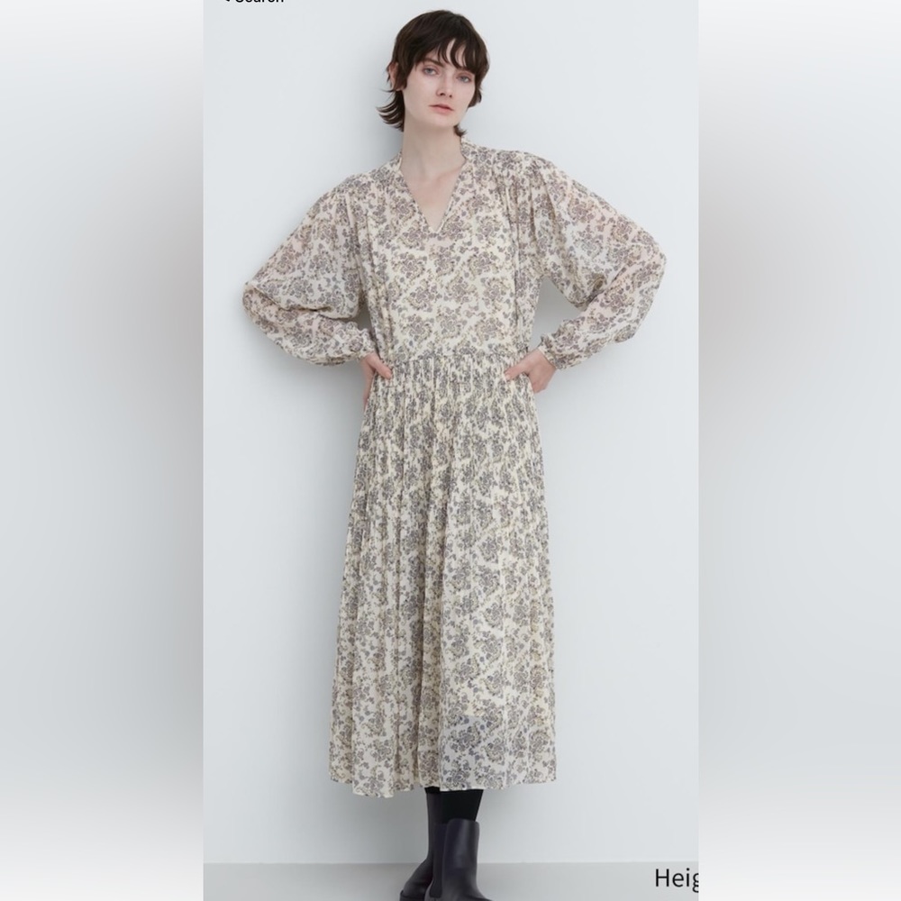 Uniqlo Floral Midi Dress in Cream and Gray